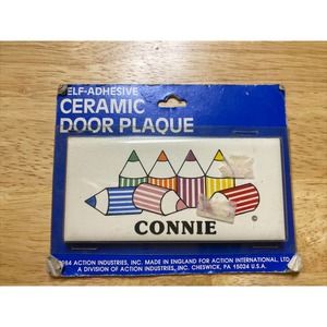 Vintage Retro CONNIE W Colored Pencils Dead Stock Ceramic Name Plaque Wall Sign